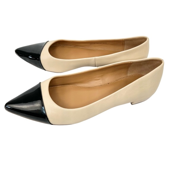 J Crew Marina leather pointy cap-toe flats Sz 6.5 Beige Black Classic Academia - Picture 1 of 12